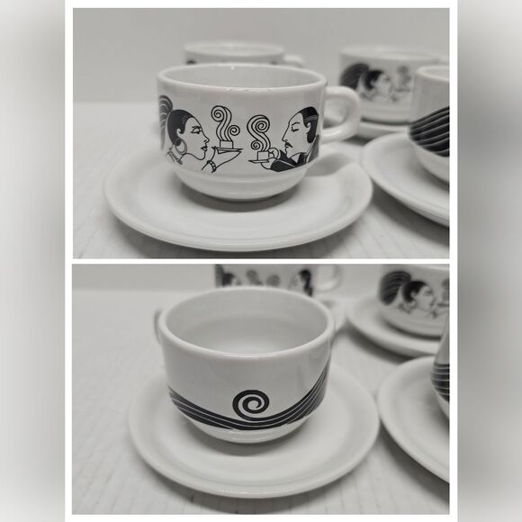 Set of Four Art Deco Flapper and Mustached Man Demitasse Cups and Saucers BRAZIL - Picture 3 of 9